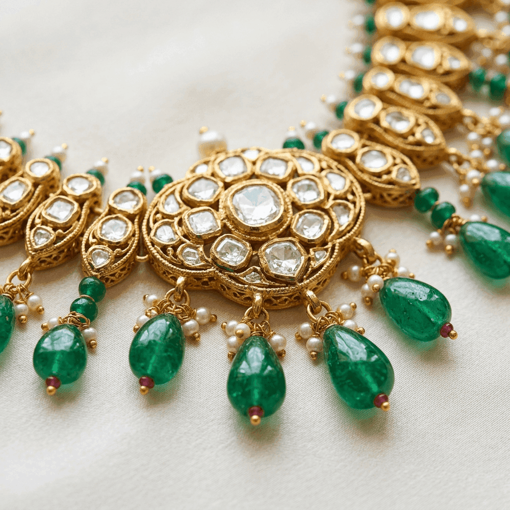 Antique Gold 4-Layer Long Necklace Set with Ruby Emerald Stones view 2