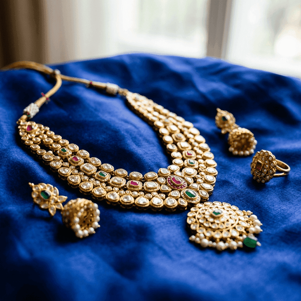 Antique Gold 4-Layer Long Necklace Set with Ruby Emerald Stones view 3