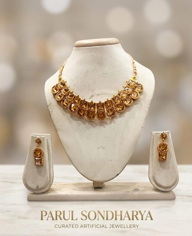 Golden Polki Square Stone Kundan Choker Necklace Set