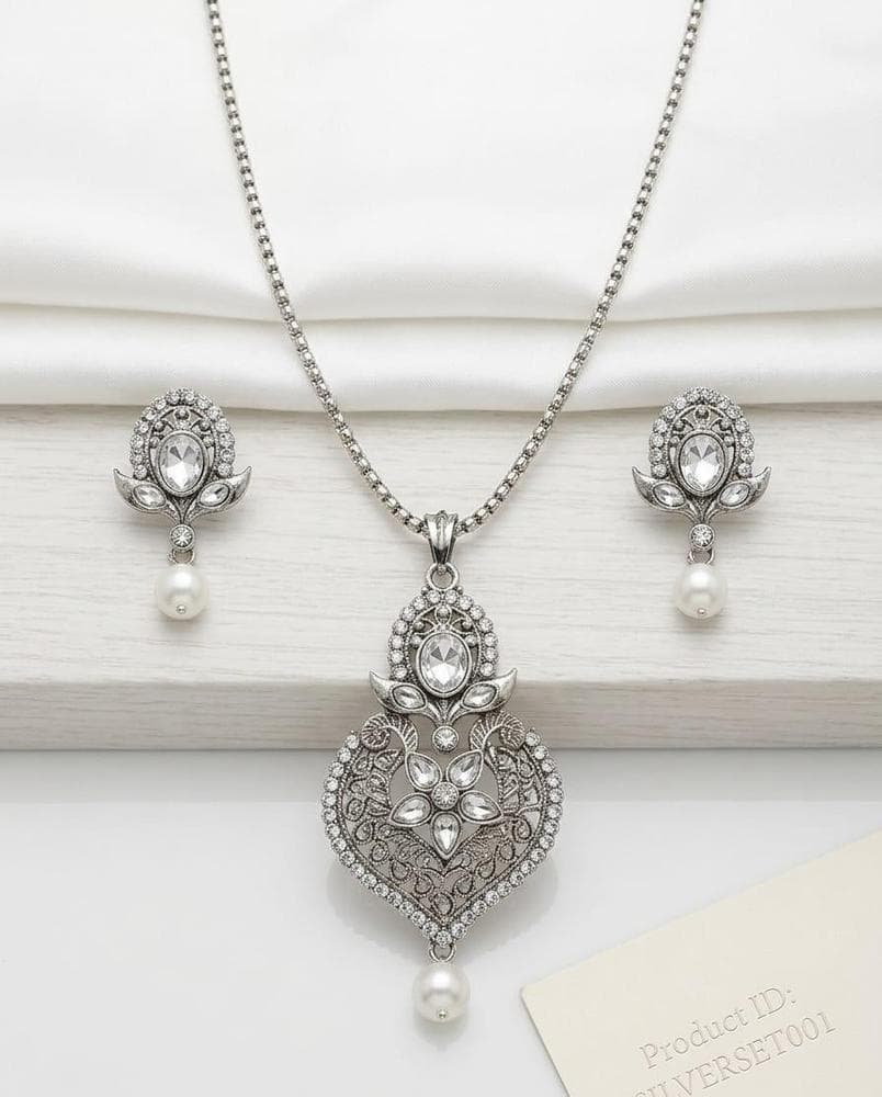 Silver Oxidized CZ Floral Pendant Necklace Set with Pearl Drops