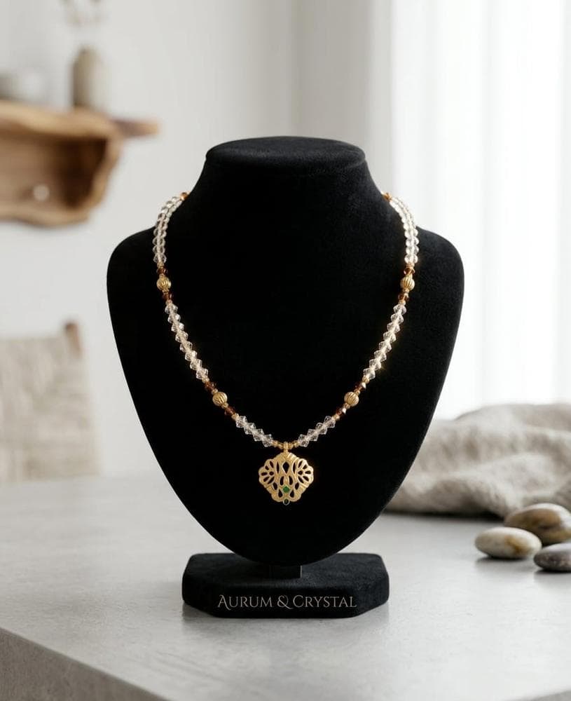 Crystal Bead Gold Filigree Pendant Chain Necklace