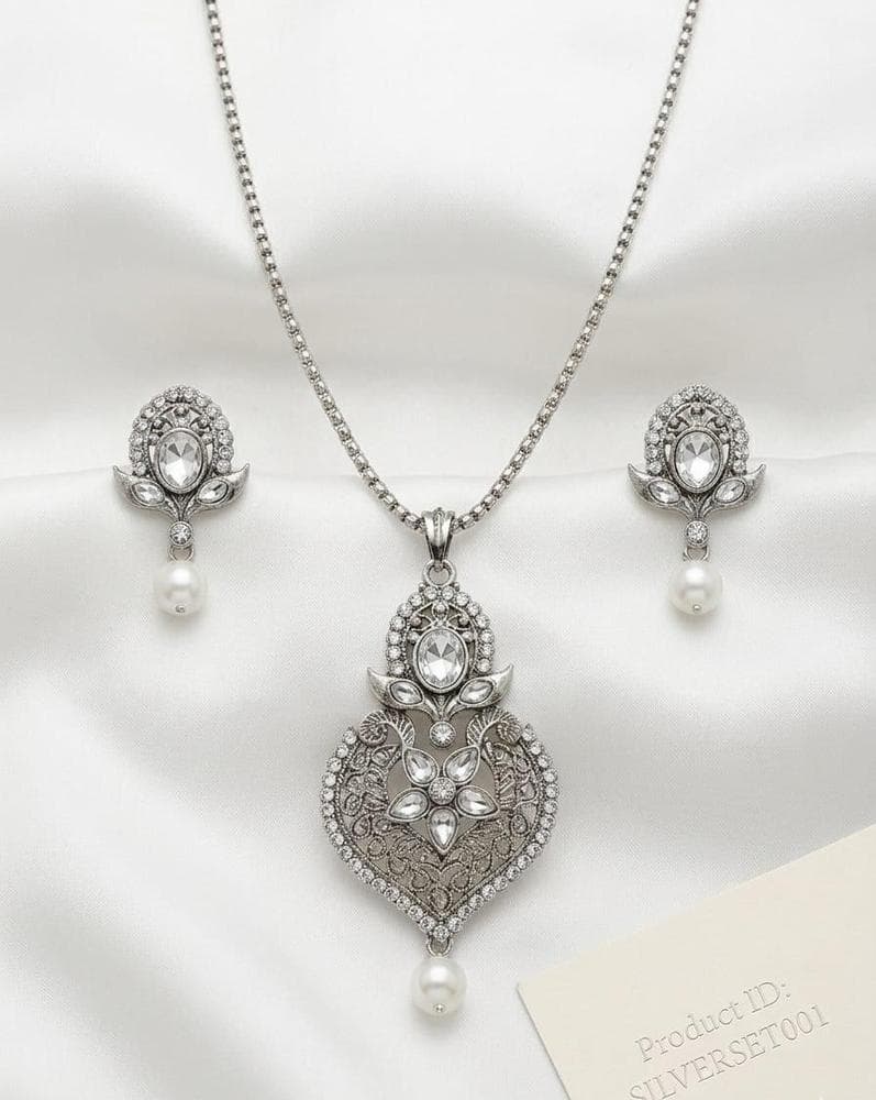 Silver Oxidized CZ Floral Pendant Necklace Set with Pearl Drops view 2