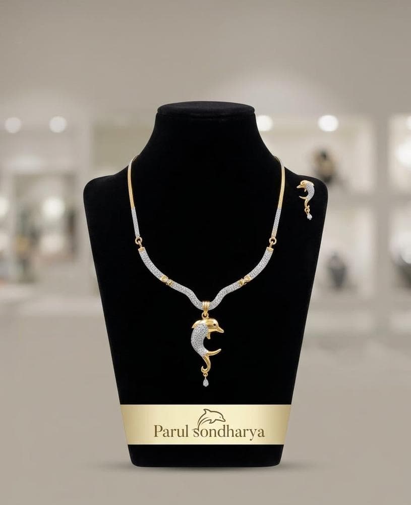 Gold Dolphin Diamond-Cut CZ Pendant Necklace Set with Earring