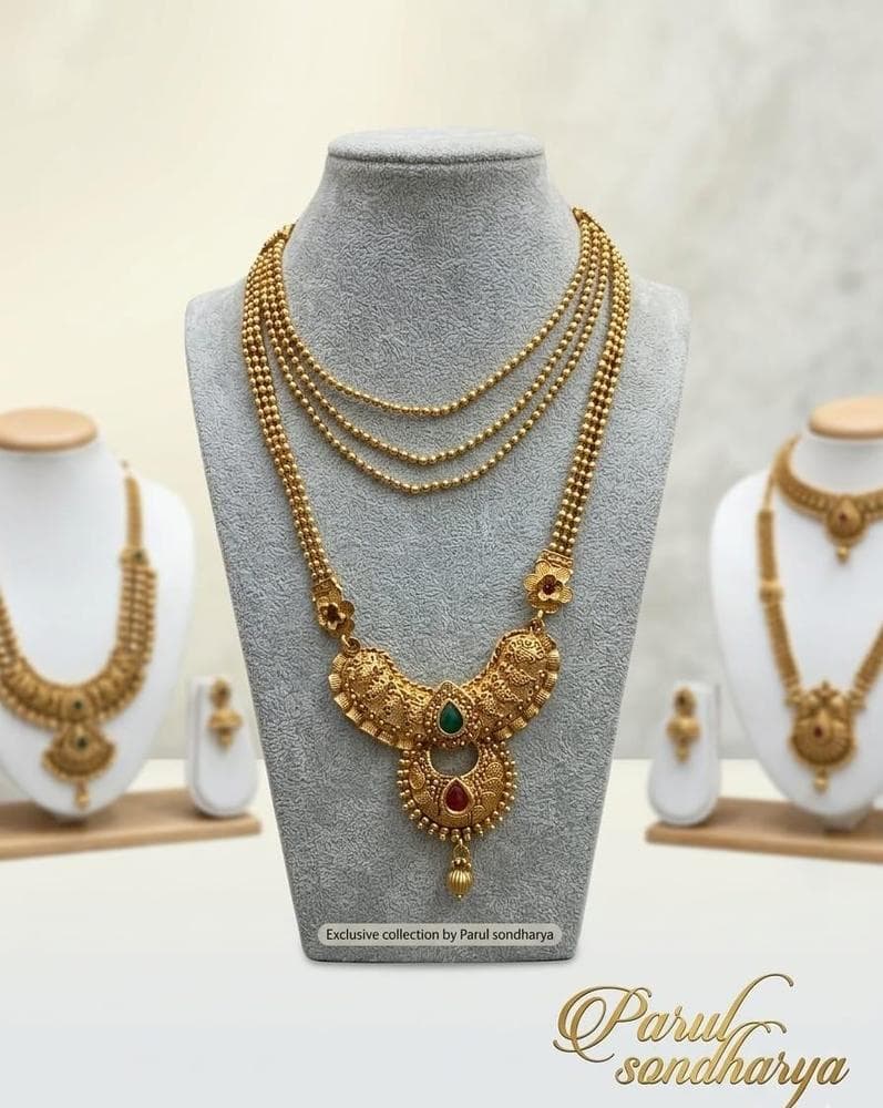 Antique Gold 4-Layer Long Necklace Set with Ruby Emerald Stones