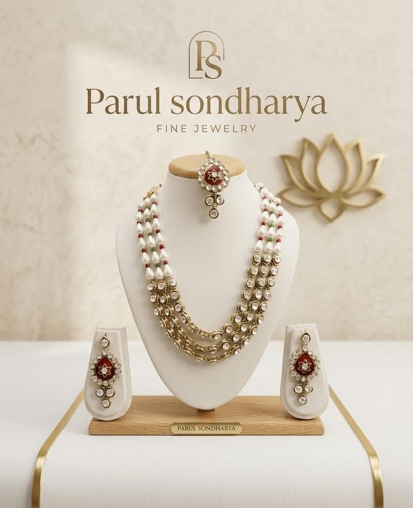 Pearl Kundan Multi-Layer Bridal Necklace Set with Maang Tikka & Earrings
