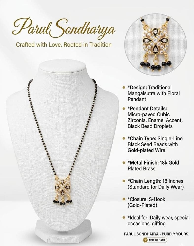 Traditional CZ Floral Mangalsutra Black Bead Chain VishaalMart